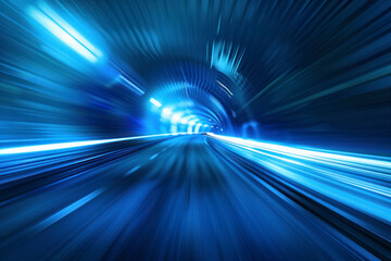 Blue Abstract blurred speed motion in urban highway road tunnel, moving toward the light.