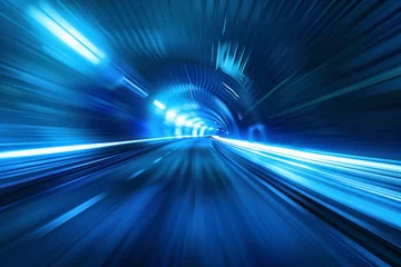 Stoff pro Meter Blue Abstract blurred speed motion in urban highway road tunnel, moving toward the light. © Hunman