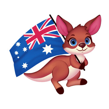 Illustration of a kangaroo carrying the Australian flag. Australia Day.