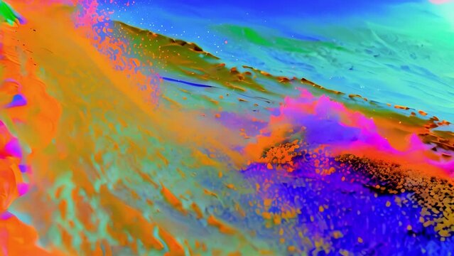 Creative abstract paint moving. Colorful Pink,orange,blue,green and yellow Abstract ink splatter on surface seamless loop. Turbulent painting blot spreading from the center 4k video