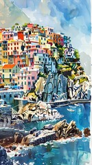A detailed watercolor painting depicting a city perched on a cliff overlooking the vast expanse of the ocean. The colorful buildings cling to the edge of the cliff as waves crash against the rocks bel