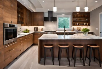 A contemporary kitchen design with a mix of materials, including wood cabinetry, marble countertops, and subway tile backsplash. 
