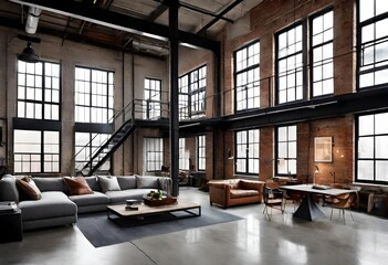 A modern industrial loft with exposed brick walls, concrete floors, and industrial-style furnishings.