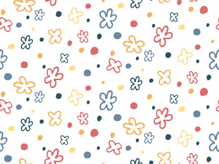 Abstract Floral modern background. Doodle flowers and spots seamless pattern. Colorful Simple children's illustration. Spring summer natural blooming. Children's funny wallpaper, cover