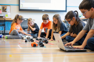 children in class learning programming robots on a science lesson