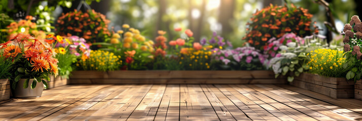 Gardening tools and flowers on the terrace in the garden front view, wooden background, copy space (3)