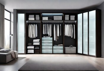 A sleek and minimalist room wardrobe featuring frosted glass doors, chrome accents, and integrated LED lighting. 