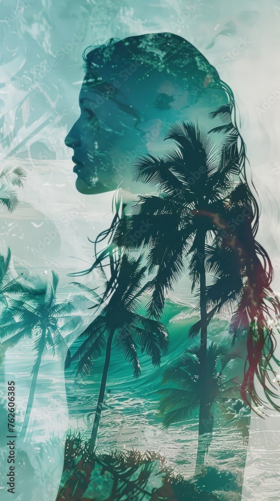 Poster a womans face is depicted against a backdrop of palm trees in this double exposure artwork by vadosl