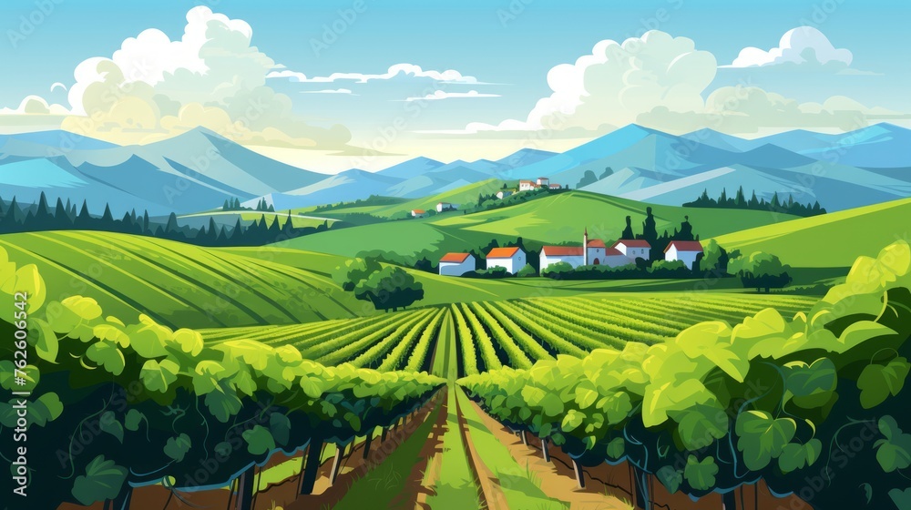 Poster Generative AI A picturesque vineyard with rows of grapevines and hills in the backdrop.
