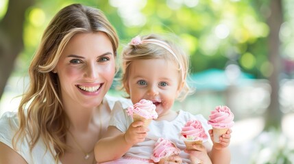 Happy family with ice cream in city park, blurred urban background, ideal for text placement