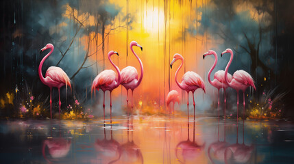 Group of flamingos, colorful abstract painting - obrazy, fototapety, plakaty