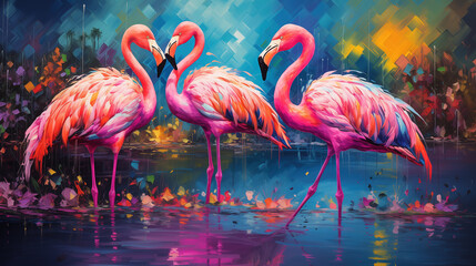 Group of flamingos, colorful abstract painting