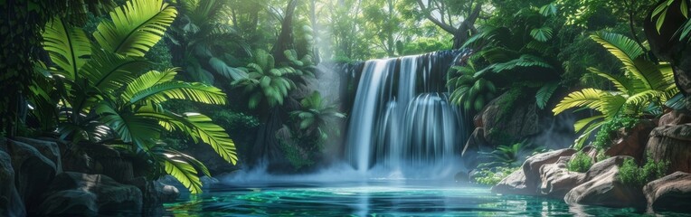 A detailed painting depicting a majestic waterfall cascading down lush greenery in a vibrant jungle setting. The rich colors and textures bring the vibrant scene to life. - obrazy, fototapety, plakaty