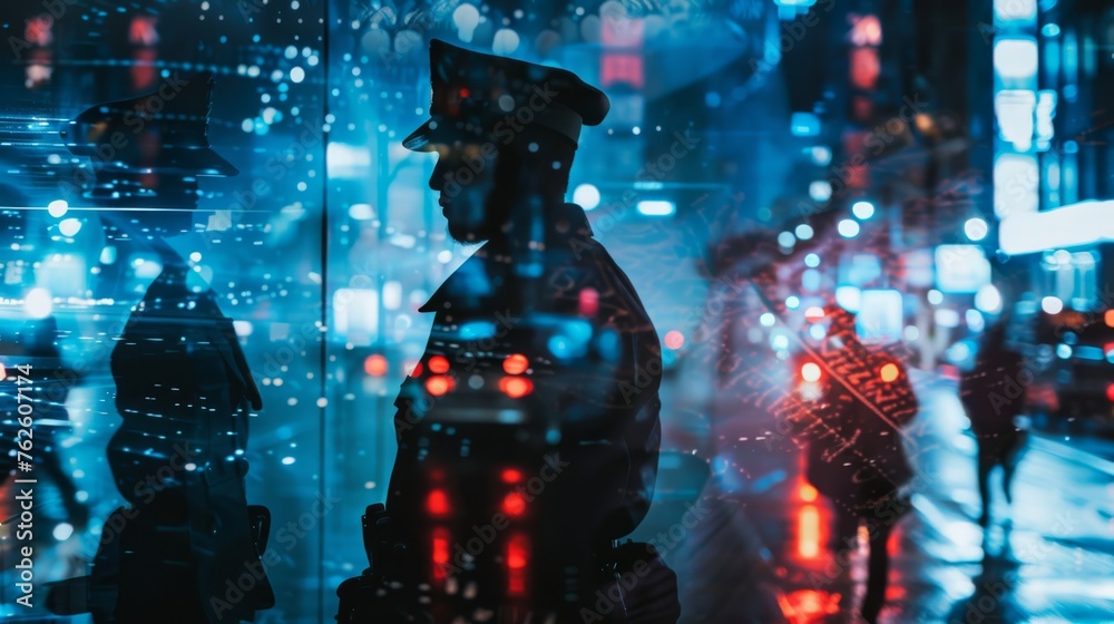 Poster a police officer stands in front of a window, looking out into the night. the image is a reflection 