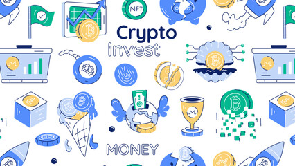 A doodle showcasing various elements of crypto investment and blockchain trends 