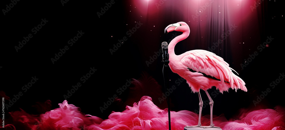 Sticker Pink flamingo with a microphone on a black background, panoramic layout. Generative Ai