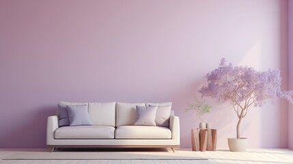 Generative AI Clean and serene room design with a pastel lavender wall, bare wall, a stylish...