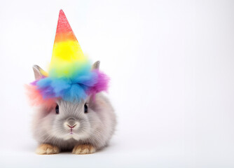 Cute little rabbit with rainbow hair and party hat on white background. Generative Ai