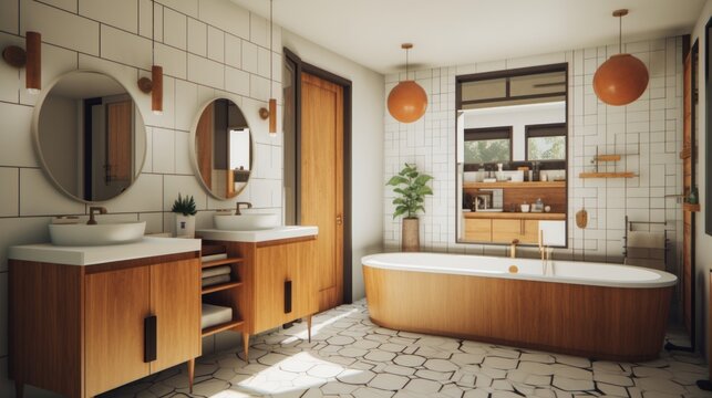 Generative AI A mid-century modern bathroom with retro fixtures, geometric patterns, and teak wood accents.