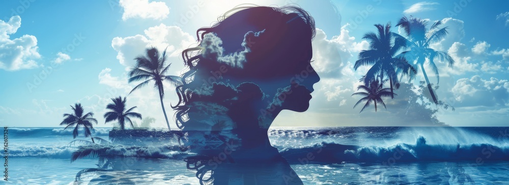Poster a woman's silhouette is shown on a beach with palm trees in the background. concept of relaxation an