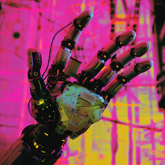 A movie style of a robot hand, pink and yellow colors сreated with Generative Ai