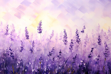 Lavender field at sunset. Oil painting. Generative Ai