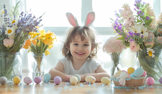 A happy child wearing bunny ears is sitting at the table