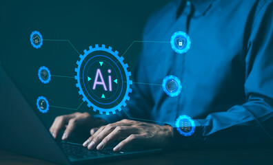 AI, Artificial Intelligence technology concept. Professional businessman working with an artificial intelligence (AI) conceptual interface, surrounded by gears and digital icons. intelligent tech,