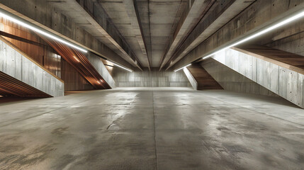 The haunting allure of a dark concrete corridor, where the interplay of light and shadow creates a...