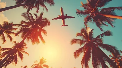 Fotobehang Airplane flying above palm trees in clear sunset sky © Катерина Гацула