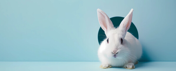 A white rabbit with ears sticking out of a hole - obrazy, fototapety, plakaty