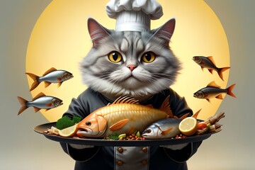 cat chef with cooked fish