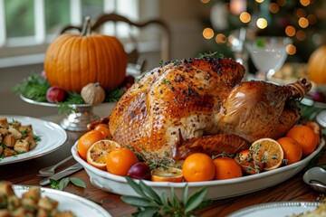 Thanksgiving turkey on a festive table with pumpkins, citrus, and herbs.