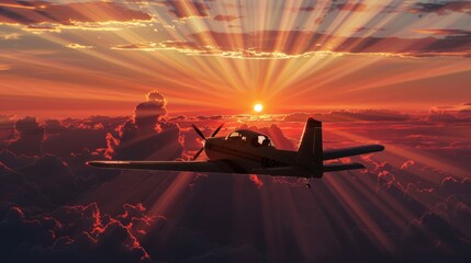 A motor plane silhouette flying against the vibrant sunset sky. The aircraft is soaring through the clouds as the sun sets in the background, creating a picturesque scene.