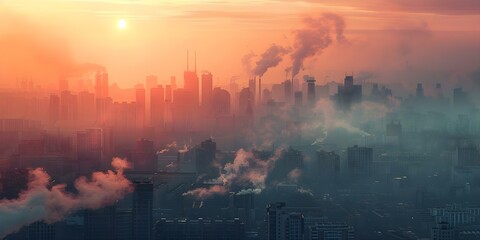 The title: "City skyline obscured by toxic smog from industrial factories". Concept Environmental Pollution, Industrial Factories, Toxic Smog, City Skyline, Air Quality