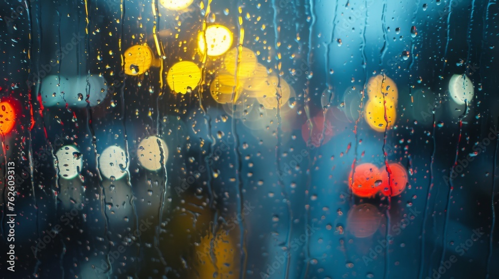 Poster rain streaks are visible on a window, with traffic lights in the background. the wet surface reflect