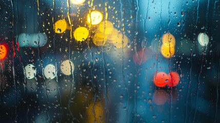 Rain streaks are visible on a window, with traffic lights in the background. The wet surface reflects the hues of the lights, creating a moody urban scene. - obrazy, fototapety, plakaty