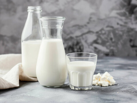Fresh Milk in Glass and Bottle with Cottage Cheese
