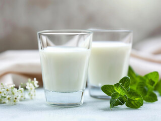 Obraz na płótnie Canvas Milk Glasses with Fresh Mint on Table