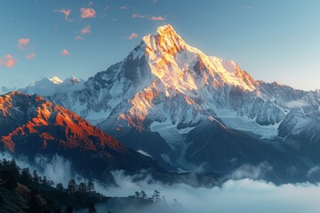 Snow-capped mountain bathed in golden sunlight, with a serene dawn sky. - obrazy, fototapety, plakaty