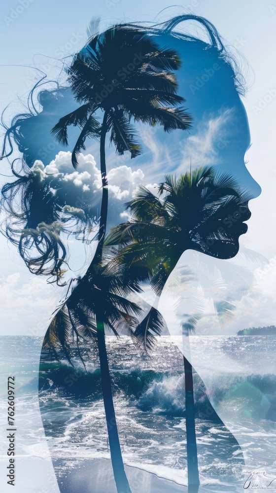 Poster A double exposure featuring the face of a woman superimposed with the outline of palm trees. The womans features are blended with the silhouettes of the palm trees, creating a unique and intriguing co