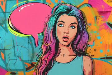 Pop art girl with speach bubble for text in retro comic style - obrazy, fototapety, plakaty