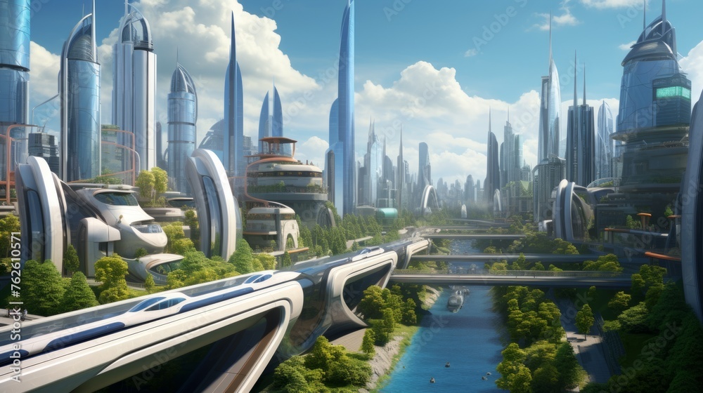 Poster generative ai an artistic representation of a futuristic city featuring energy-efficient buildings, 