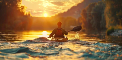 Foto op Canvas kayak canoe floats down the river at sunset © Olha