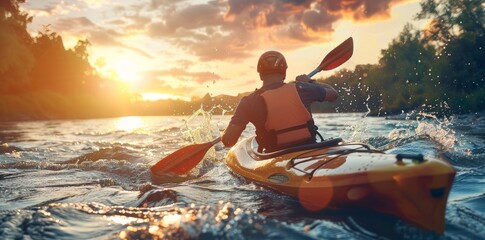 kayak canoe floats down the river at sunset