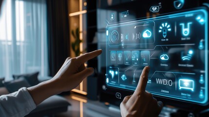 Hands hold a device with a smart home control interface, symbolizing the seamless connection between technology and home automation. AIG41