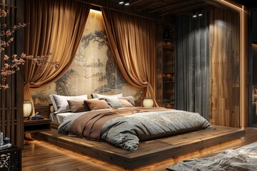 Serene bedroom with traditional Asian-inspired decor and soft lighting.