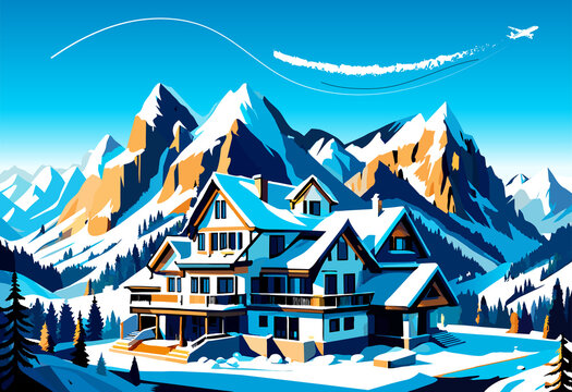Snowy rocky mountain Christmas ski hotel house vacation forest lake Winter sports travel sunset landscape Holiday season hand drawn illustration brochure cover calendar wallpaper