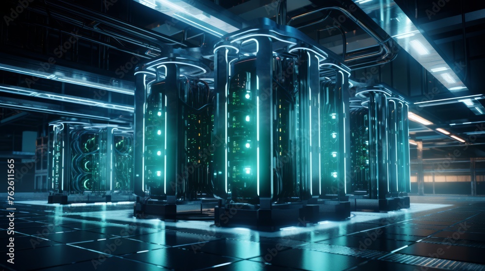 Poster generative ai a futuristic visualization of a render farm facility, showcasing cutting-edge technolo