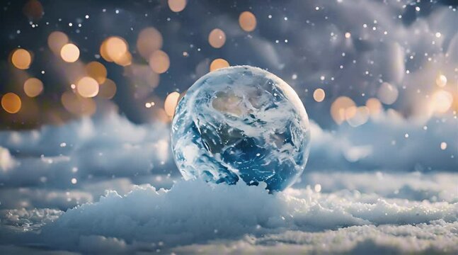 Earth globe in winter with bokeh lights background